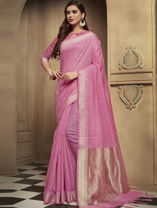 checkered zari motif pink kanjivaram saree with blouse - 16092853 - Very Small Image - 1