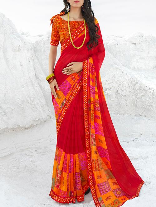 red ethnic motifs printed saree with blouse - 16094139 - Very Small Image - 1