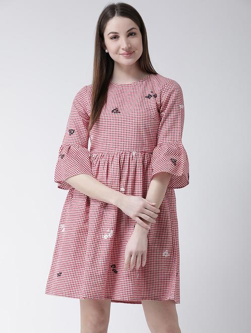 checkered embroidered a-line dress - 16094183 - Very Small Image - 1