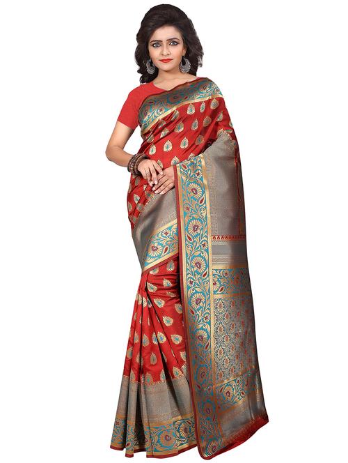 floral zari border red woven saree with blouse - 16094309 - Very Small Image - 1