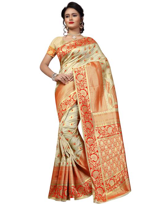 floral zari border beige woven saree with blouse - 16094312 - Very Small Image - 1