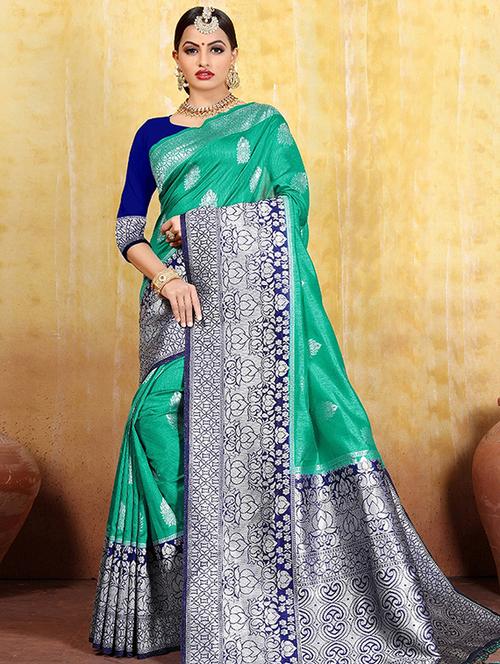 contrast zari border kanjivaram saree with blouse - 16095398 - Very Small Image - 1
