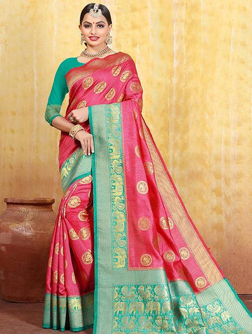 contrast zari border kanjivaram saree with blouse - 16095405 - Very Small Image - 1