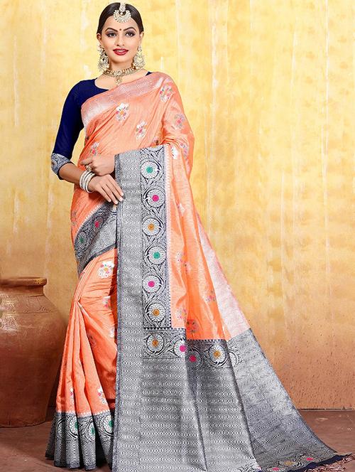 contrast zari border kanjivaram saree with blouse - 16095407 - Very Small Image - 1