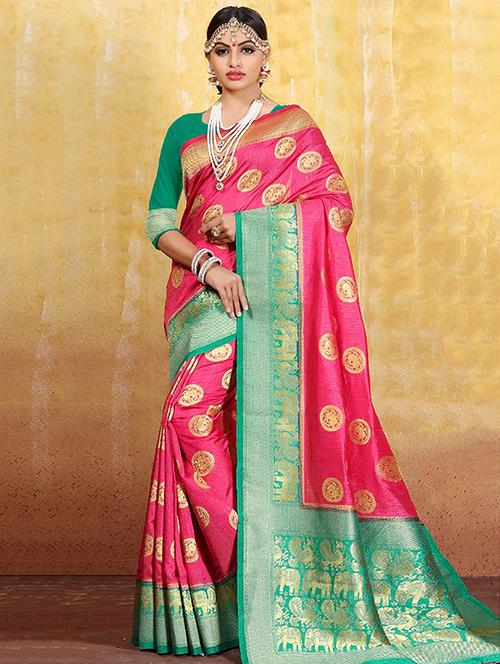 contrast zari border kanjivaram saree with blouse - 16095408 - Very Small Image - 1