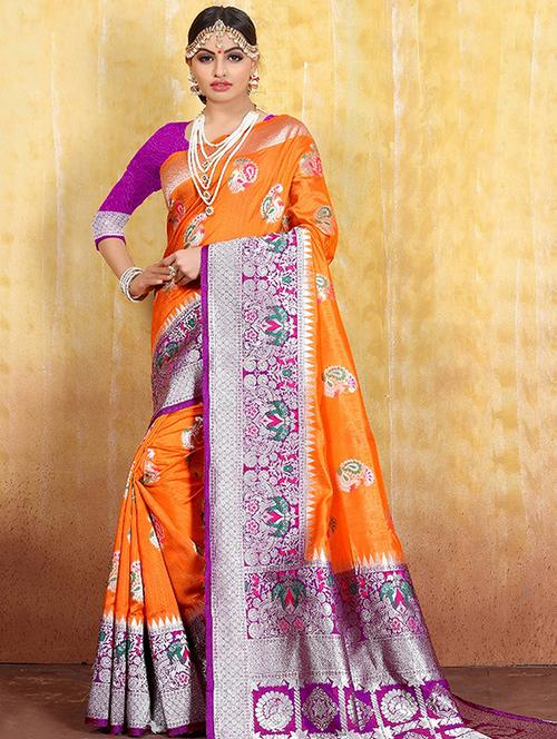 contrast zari border kanjivaram saree with blouse - 16095409 - Very Small Image - 1