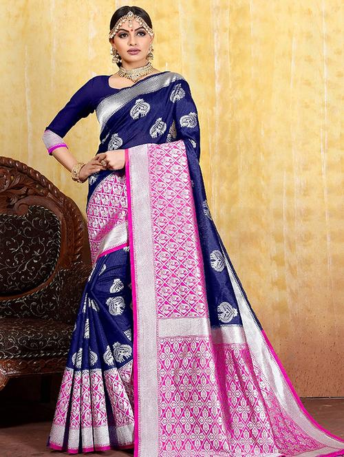 contrast zari border kanjivaram saree with blouse - 16095410 - Very Small Image - 1