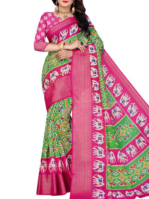 contrast border ikat printed saree with blouse - 16095497 - Very Small Image - 1