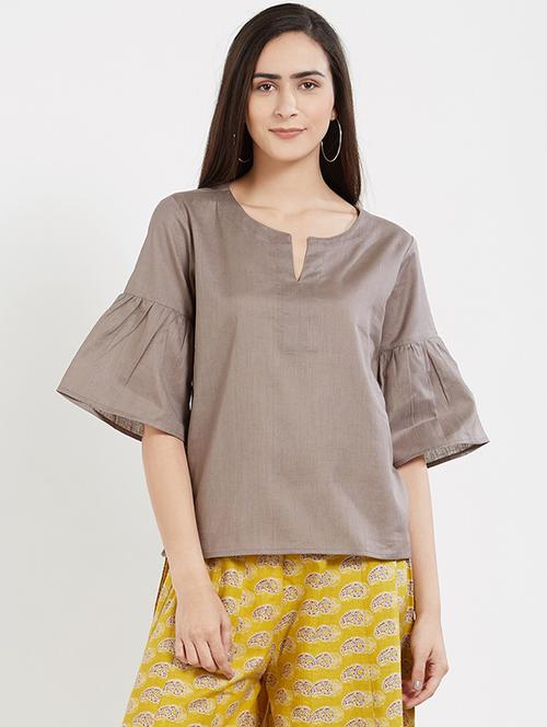 notch neck bell sleeved top - 16095809 - Very Small Image - 1
