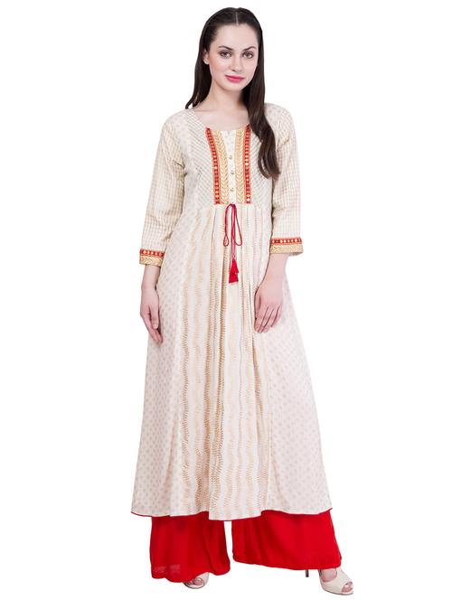 foil print flared kurta with tassels - 16097607 - Very Small Image - 1
