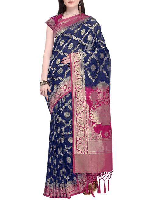 floral zari motifs navy kanjivaram saree with blouse - 16098309 - Very Small Image - 1