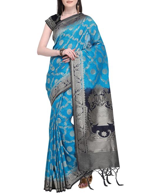 floral zari motifs blue kanjivaram saree with blouse - 16098310 - Very Small Image - 1