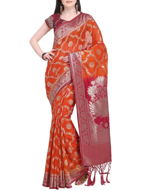 floral zari motifs orange kanjivaram saree with blouse - 16098311 - Very Small Image - 1