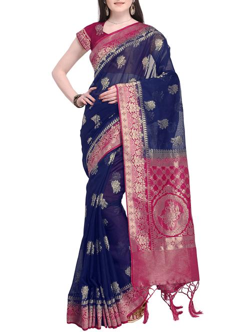 floral zari motifs navy kanjivaram saree with blouse - 16098314 - Very Small Image - 1