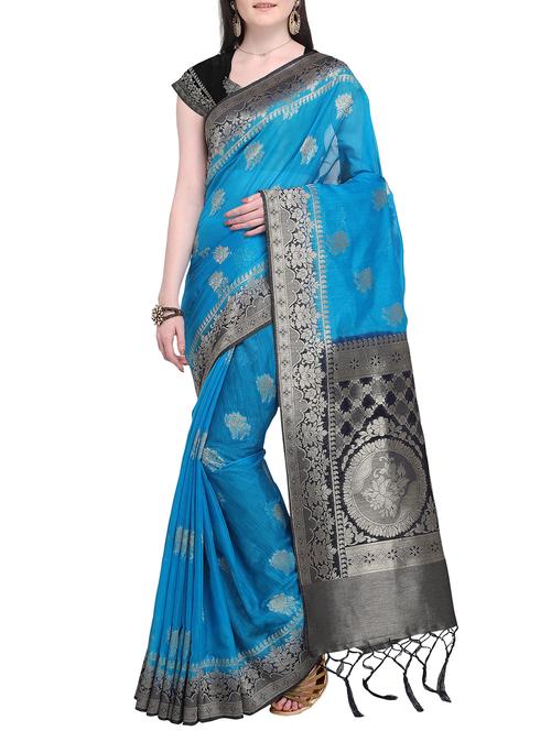 floral zari motifs blue kanjivaram saree with blouse - 16098315 - Very Small Image - 1