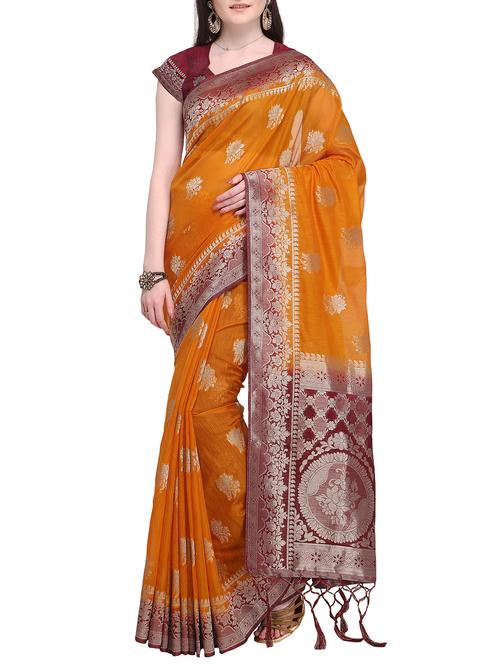 floral zari motifs yellow kanjivaram saree with blouse - 16098317 - Very Small Image - 1