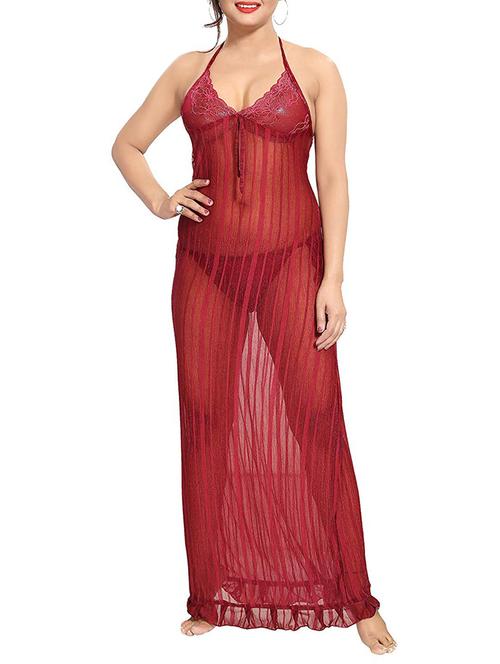 halter neck lace detail nighty with panty - 16098338 - Very Small Image - 1