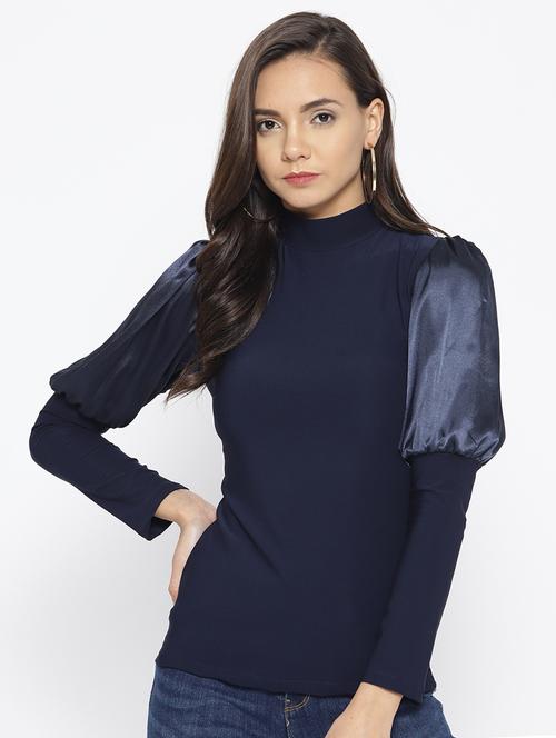 leg-o-mutton sleeved mock neck top - 16098884 - Very Small Image - 1