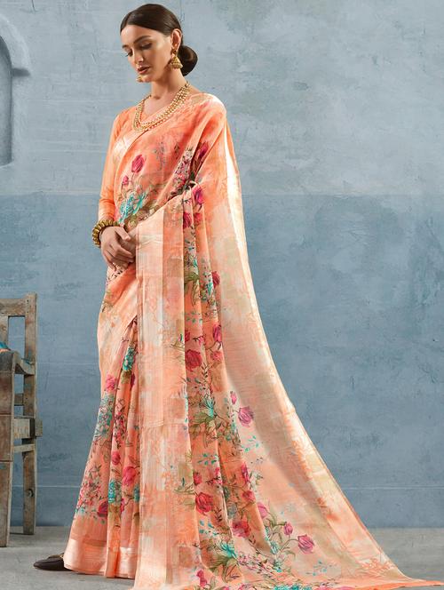 orange digital floral printed saree with blouse - 16099081 - Very Small Image - 1