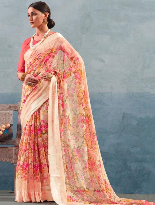 orange digital floral printed saree with blouse - 16099086 - Very Small Image - 1