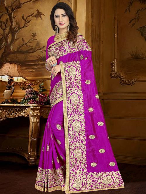 silver thread magenta embroidered saree with blouse - 16103816 - Very Small Image - 1