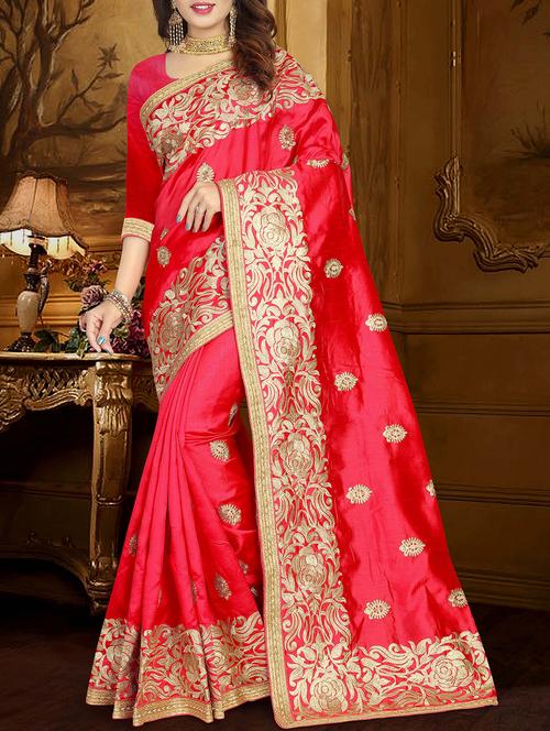 silver thread red embroidered saree with blouse - 16103818 - Very Small Image - 1