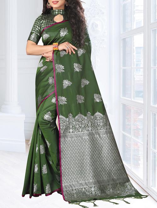 silver zari motifs green kanjivaram saree with blouse - 16104512 - Very Small Image - 1