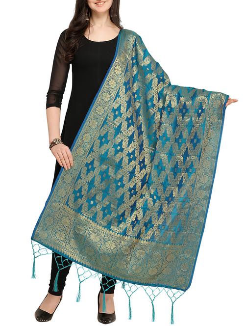 turquoise zari motifs banarasi dupatta - 16105329 - Very Small Image - 1