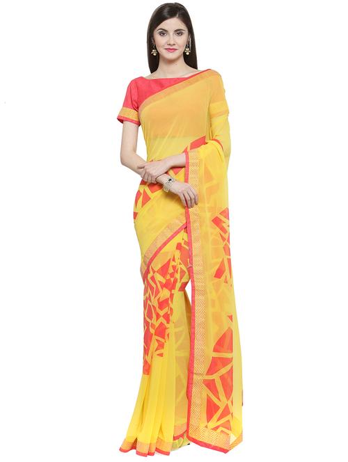 yellow geometrical printed saree with blouse - 16105431 - Very Small Image - 1