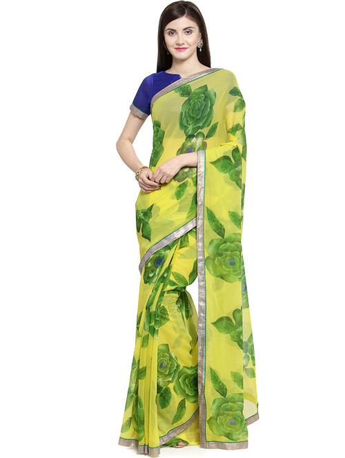 yellow digital floral printed saree with blouse - 16105447 - Very Small Image - 1