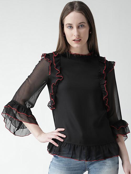 contrast stitch detail ruffle top - 16106230 - Very Small Image - 1