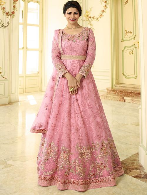 floral embroidered semi-stitched anarkali suit - 16108346 - Very Small Image - 1