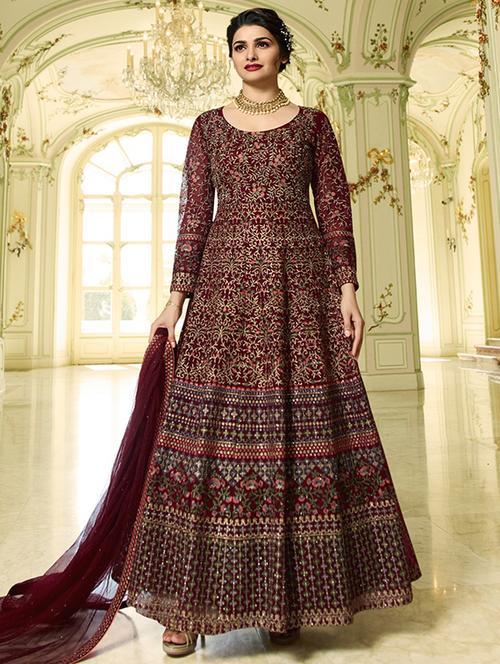 floral embroidered semi-stitched anarkali suit - 16108347 - Very Small Image - 1