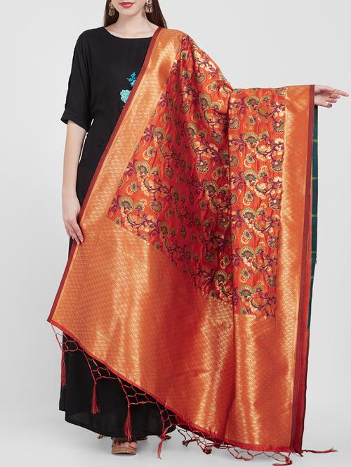 orange floral motif woven dupatta - 16108355 - Very Small Image - 1