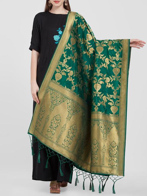green floral motif woven dupatta - 16108362 - Very Small Image - 1