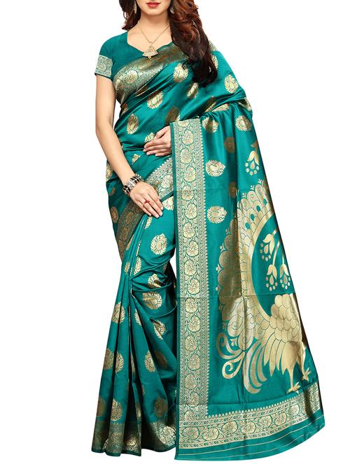 turquoise paisley zari banarasi saree with blouse - 16110091 - Very Small Image - 1