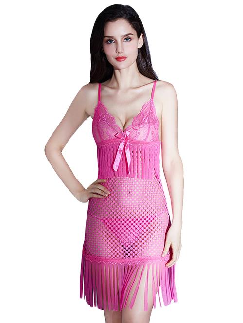 fringe detail lace panel babydoll with g-string - 16110501 - Very Small Image - 1