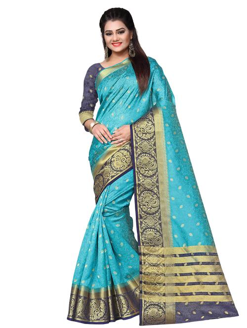 zari border turquoise kanjivaram saree - 16111723 - Very Small Image - 1