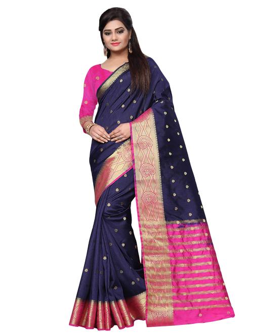 contrast zari border navy kanjivaram saree - 16111726 - Very Small Image - 1