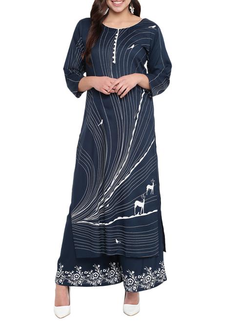 printed straight kurta with palazzo set - 16112424 - Very Small Image - 1