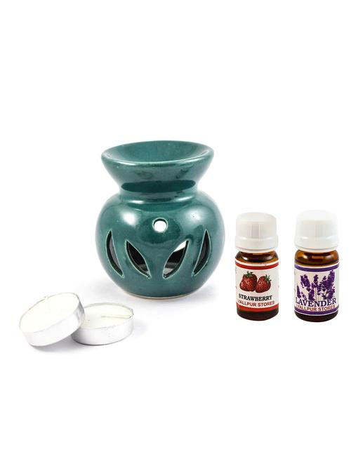 ceramic aroma tealight diffuser pot shape leaf design green colour with strawberry & lavender fragrance oil and candle - 16112951 - Very Small Image - 1