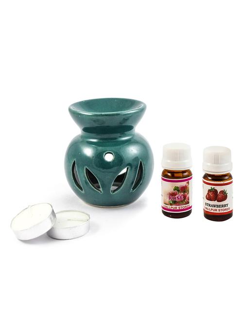 ceramic aroma t light diffuser pot shape leaf design green colour with strawberry & rose fragrance oil and candle - 16112952 - Very Small Image - 1