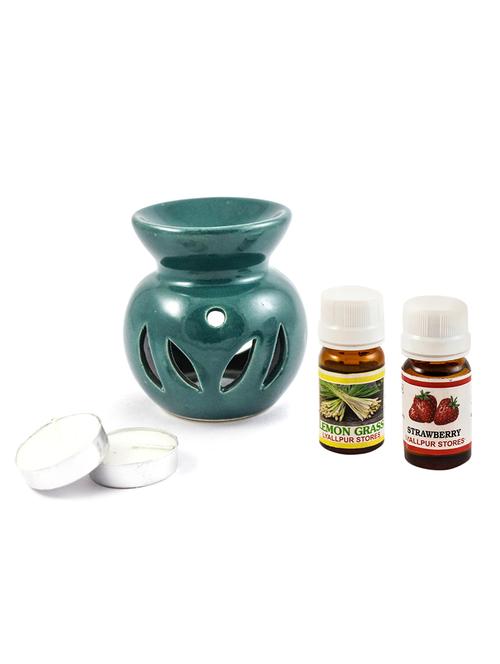 ceramic aroma t light diffuser pot shape leaf design green colour with strawberry & lemongrass fragrance oil and candle - 16112953 - Very Small Image - 1
