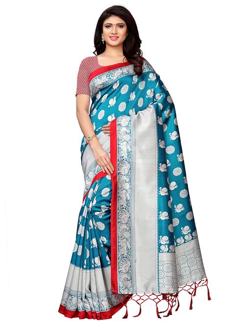 turquoise conversational printed saree with blouse - 16113155 - Very Small Image - 1