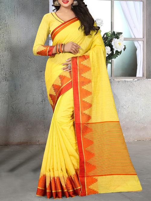 contrast temple border woven saree - 16113189 - Very Small Image - 1