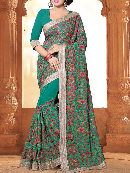 floral resham green embroidered saree - 16113210 - Very Small Image - 1