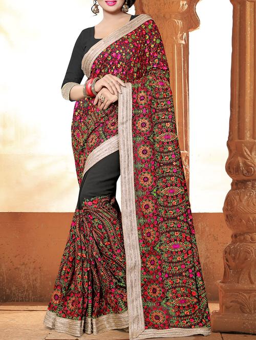 floral resham black embroidered saree - 16113211 - Very Small Image - 1