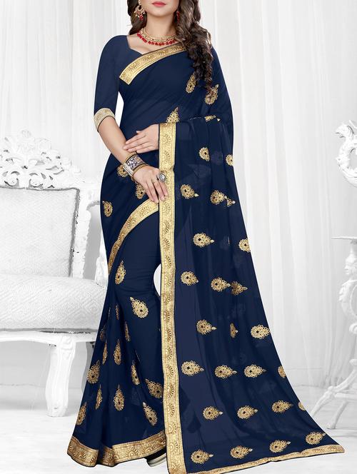 lace border navy embroidered saree - 16113233 - Very Small Image - 1