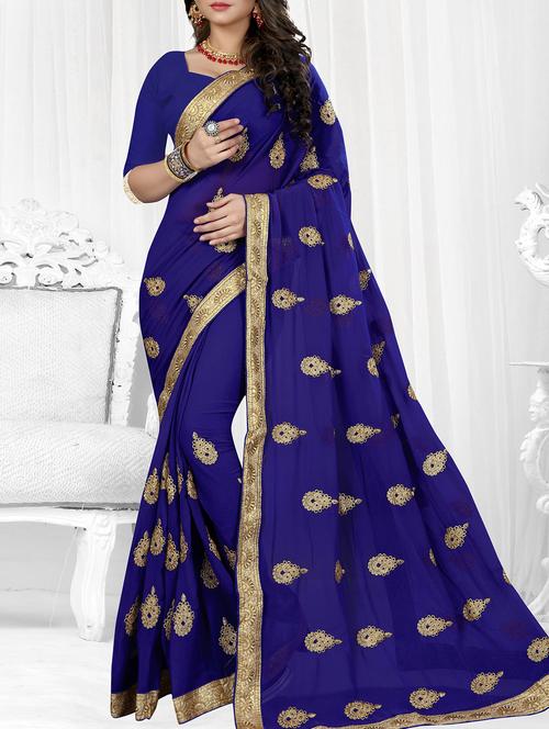 lace border blue embroidered saree - 16113240 - Very Small Image - 1