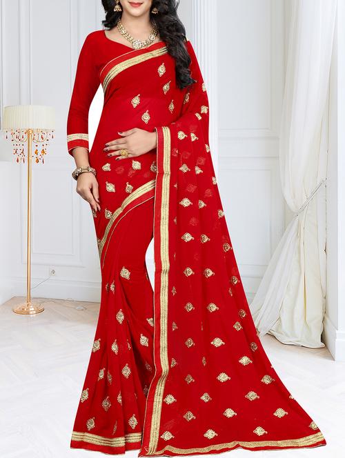 lace border red embroidered saree - 16113248 - Very Small Image - 1